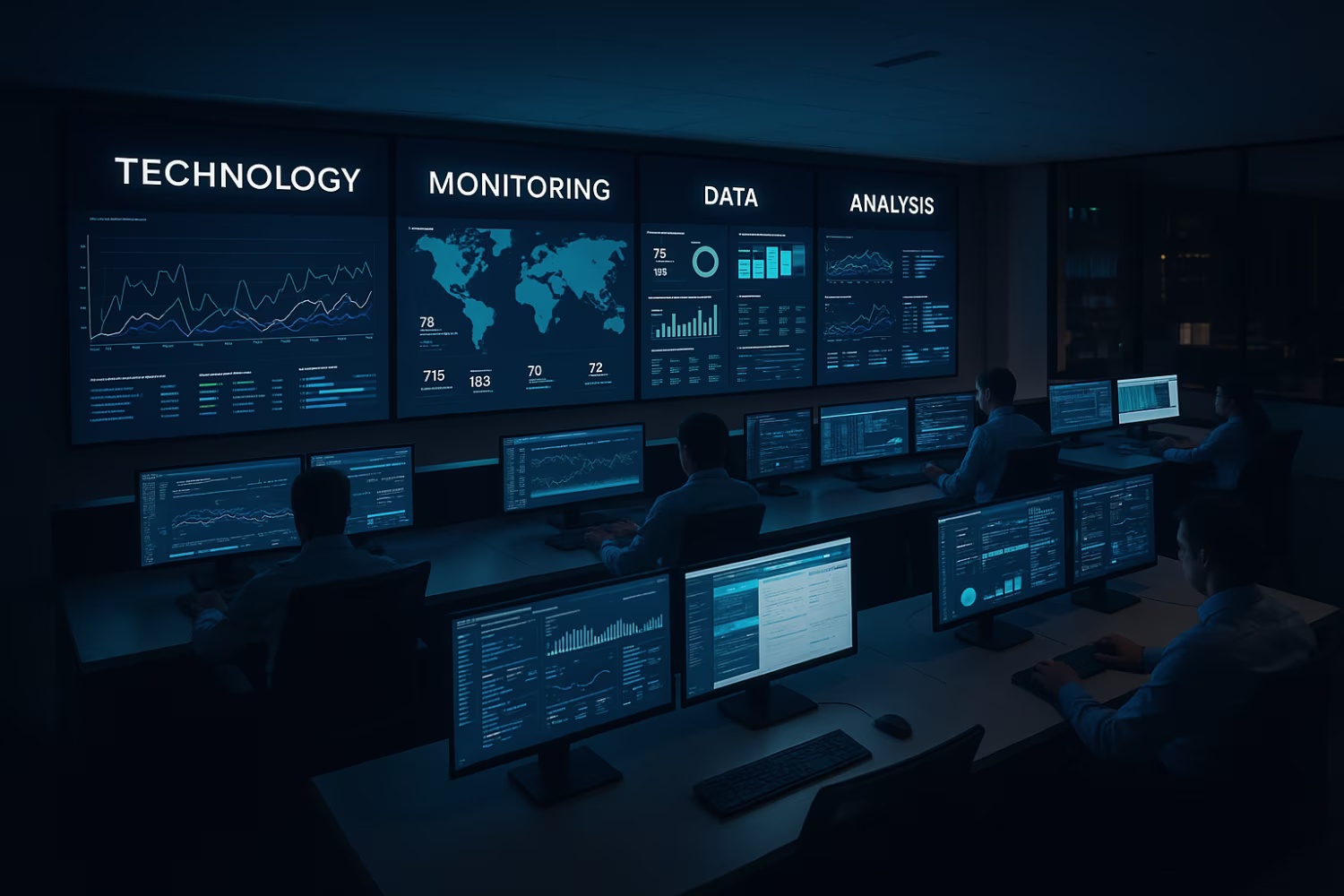 High-tech network monitoring center evening