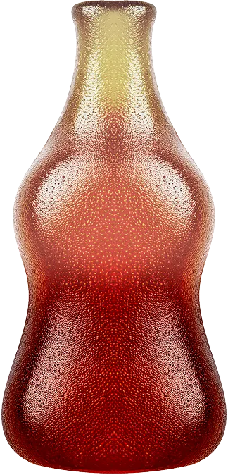 A red and yellow vase sitting on top of a table.