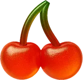 Two cherries with a green stem on a black background.