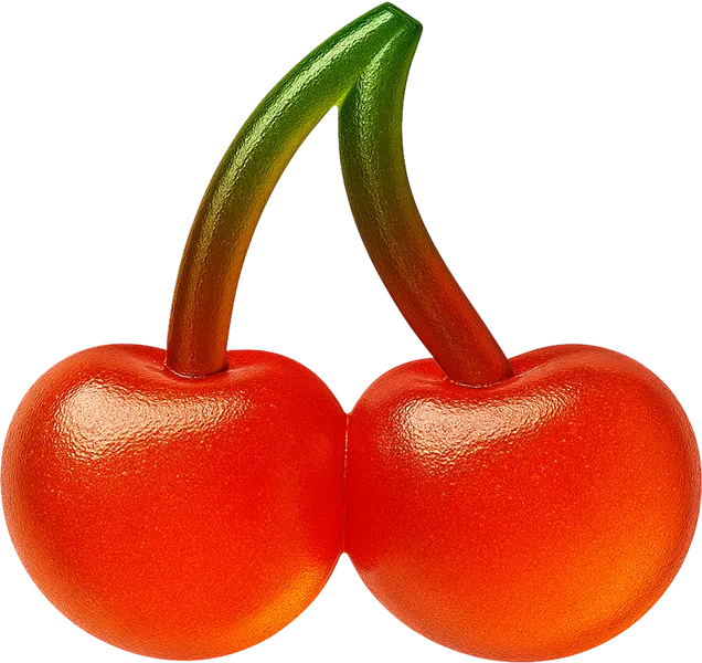 Two cherries with a green stem on a black background.