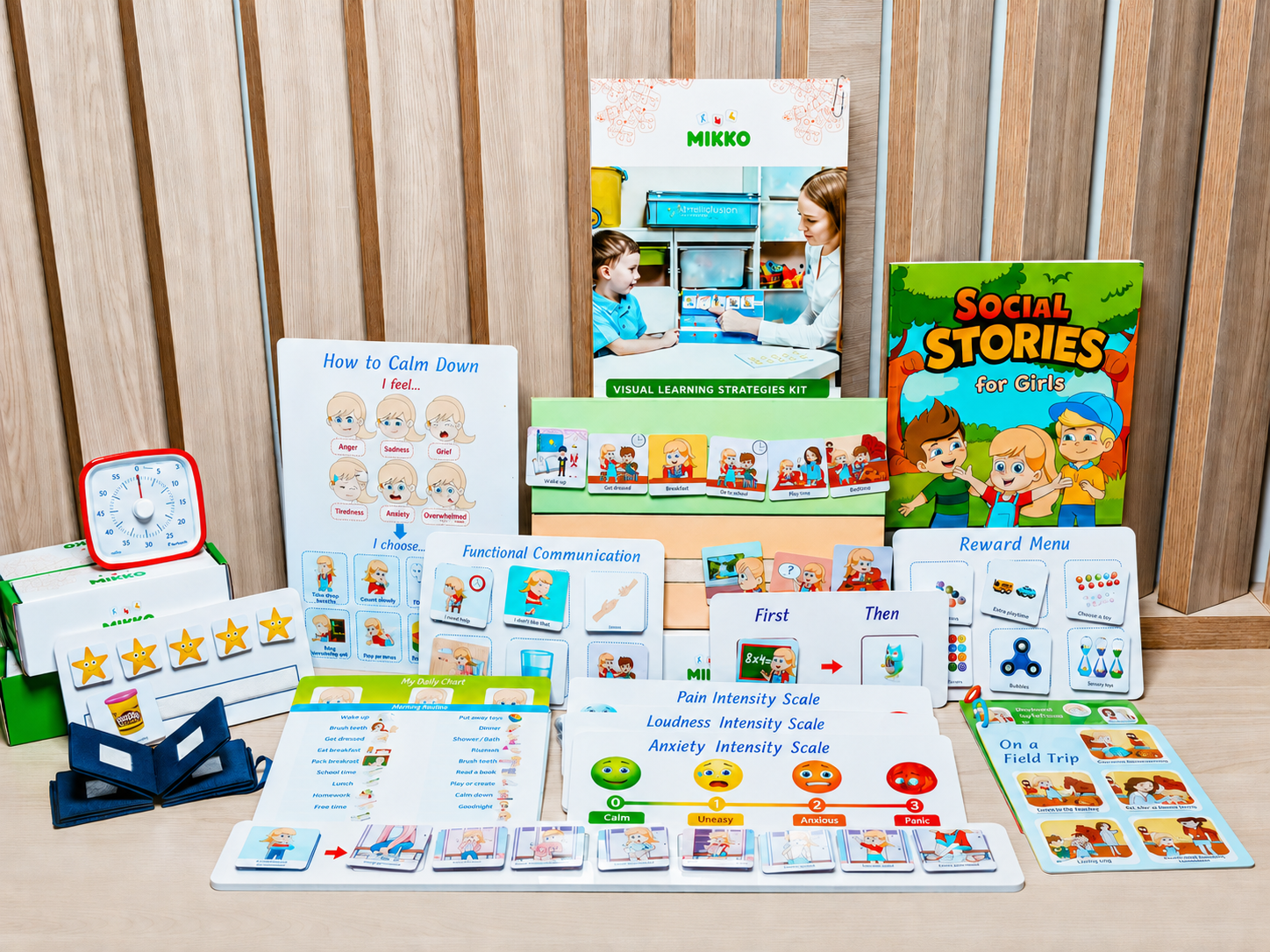 MIKKO Visual Learning Strategies Kit with communication cards, emotion scales, daily routine charts, reward tools, and social stories.