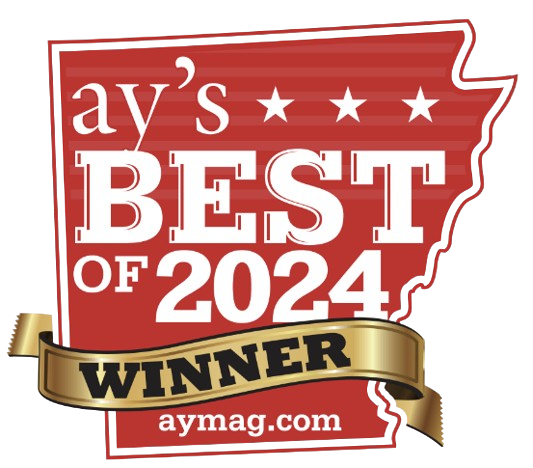 Red badge shaped like Arkansas with text 'ay's BEST OF 2024 WINNER' and a gold ribbon, followed by aymag.com.
