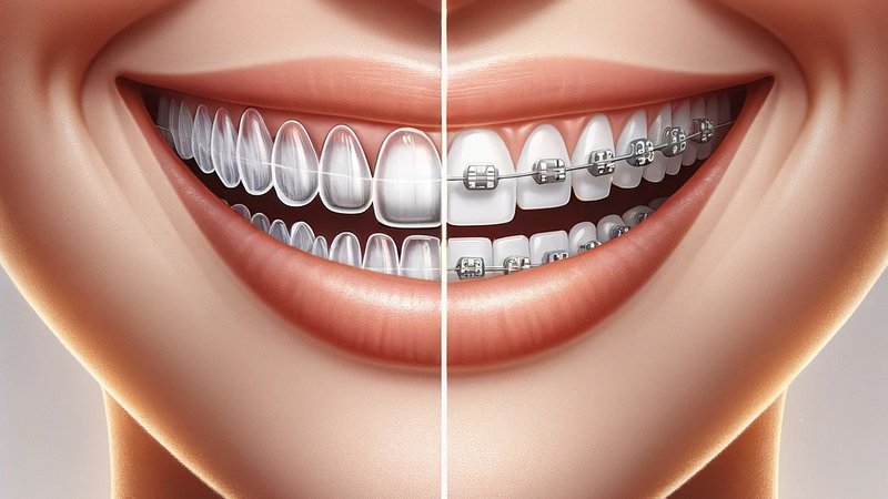 two smiles side by side, one with Invisalign aligners and the other with traditional metal braces. Each smile provides a clear view of how each orthodontic treatment appears when worn
