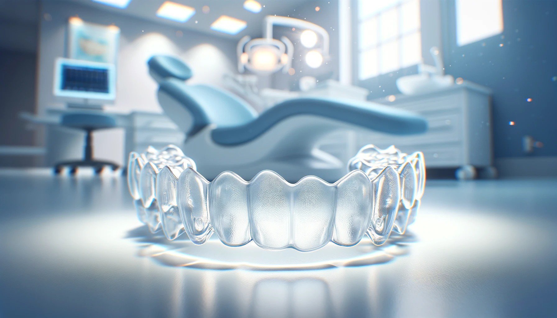 clear, custom-fit design of the trays, set against a professional dental clinic background