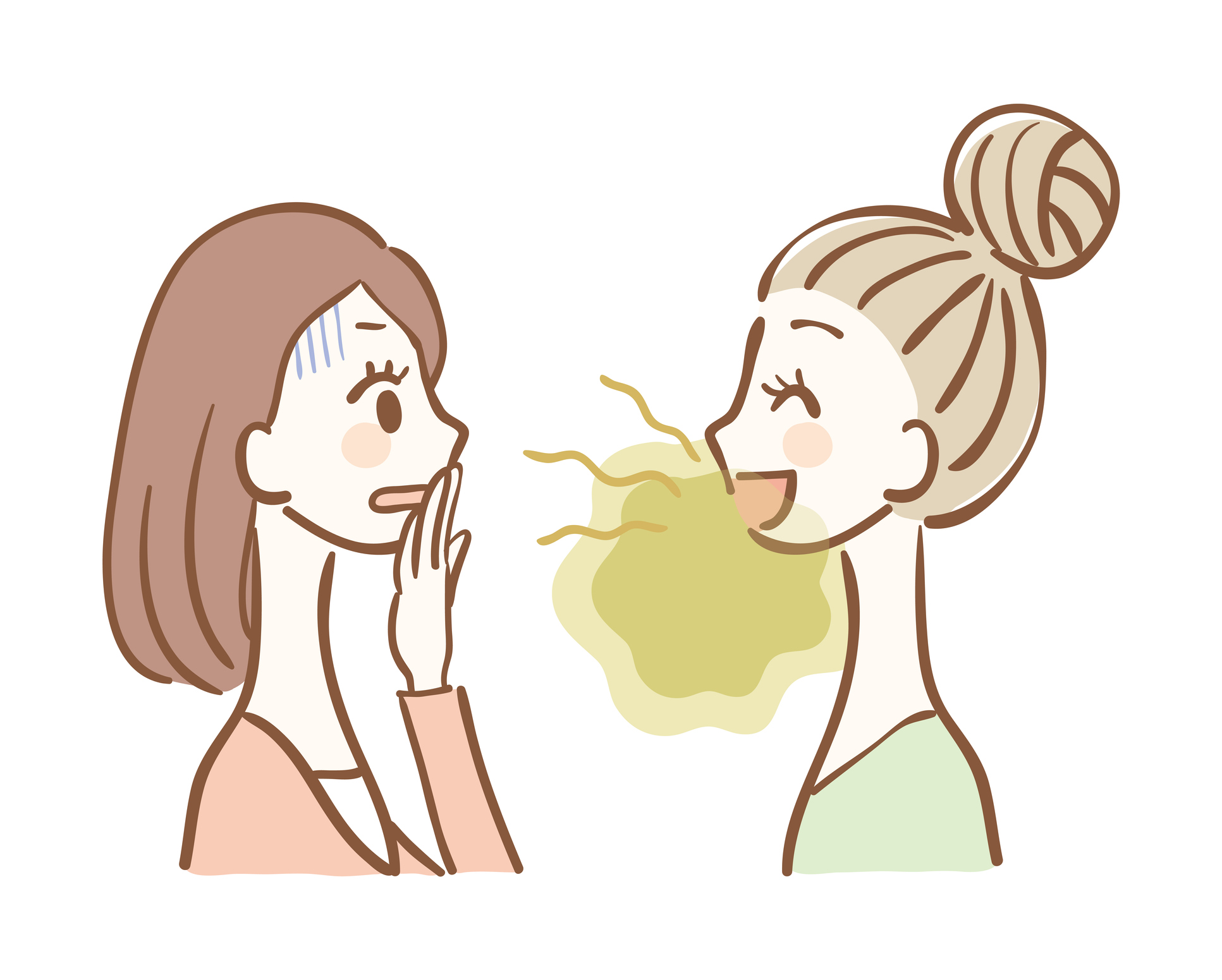 A cartoon woman is unaware of what causes her bad breath or that she has any, as the other woman notices it.