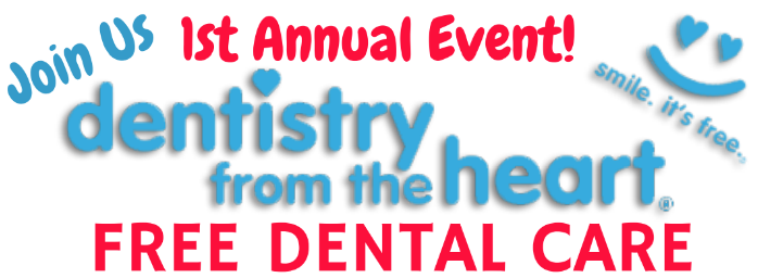 Blue words state &quot;Dentistry From the Heart&quot; between the red words &quot;First Annual&quot; and &quot;Free Dental Care.&quot;