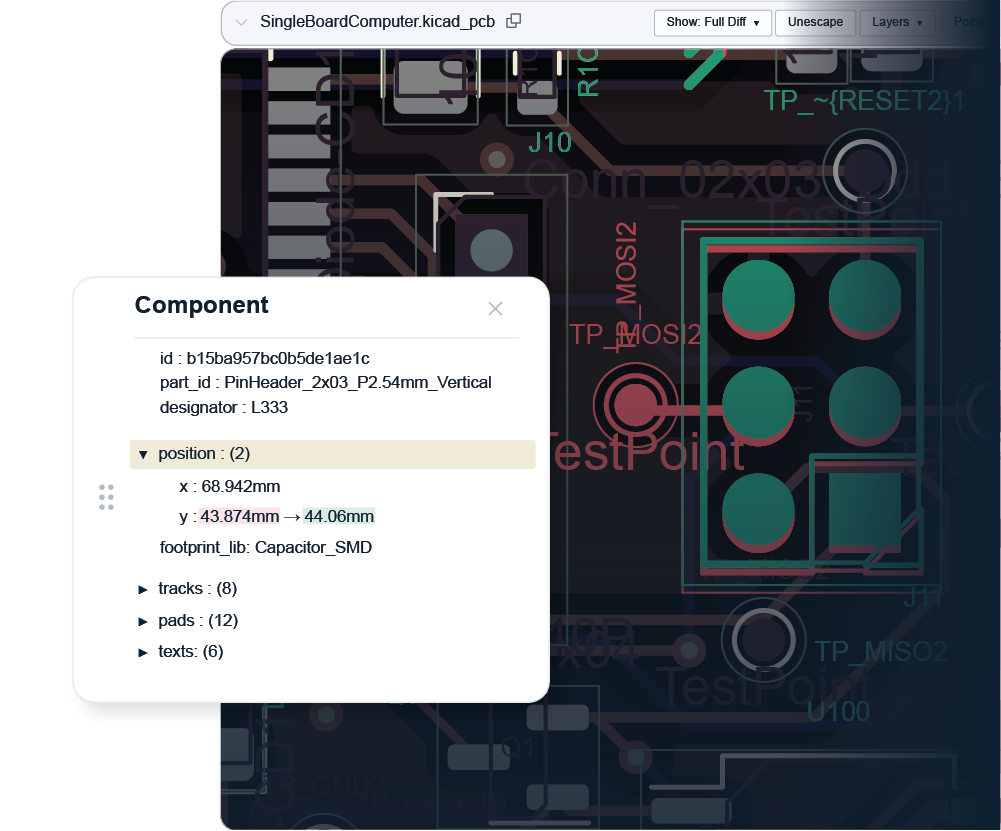Component inspector changes in a diff