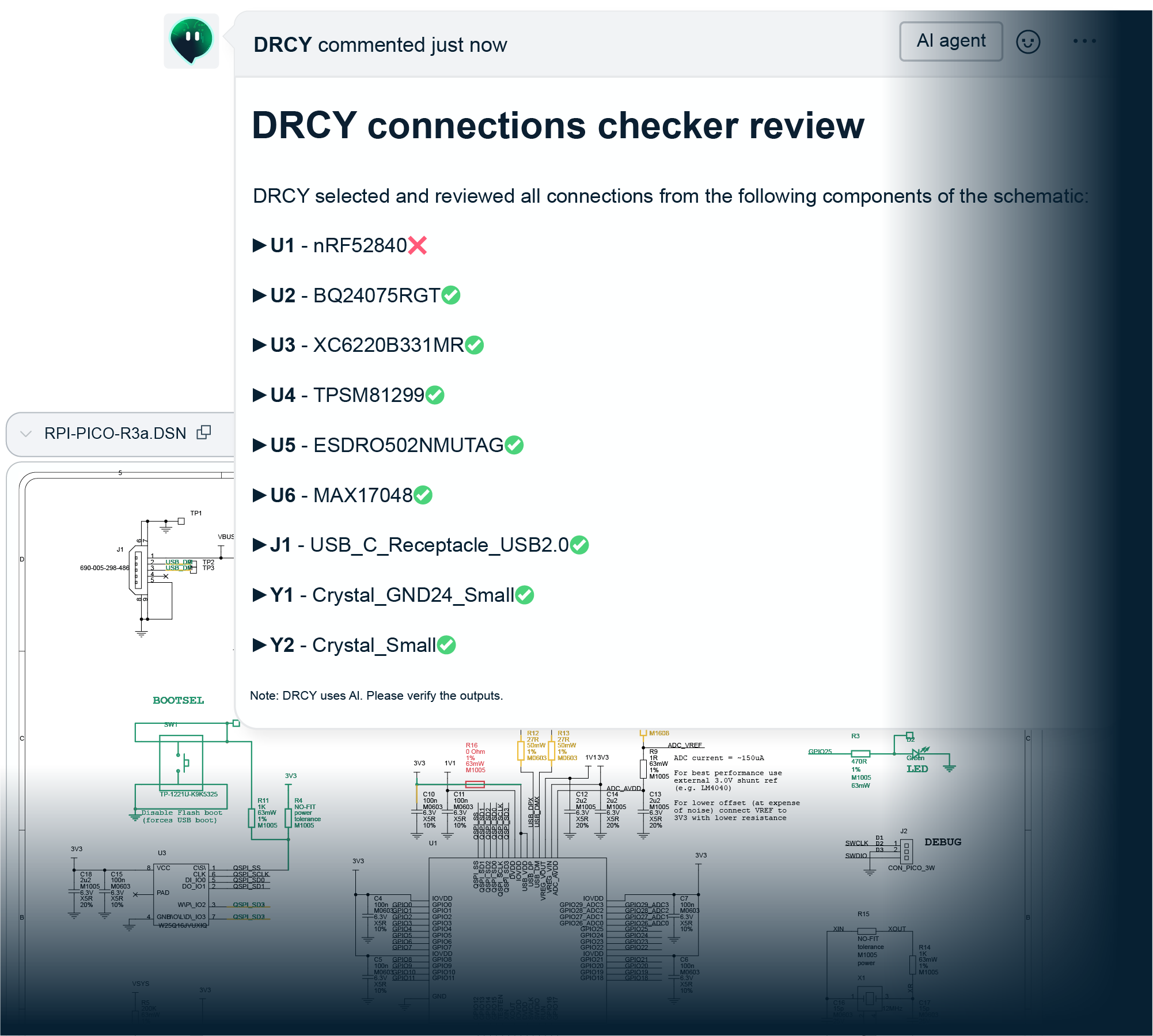 AI agent running a checker review in a schematic