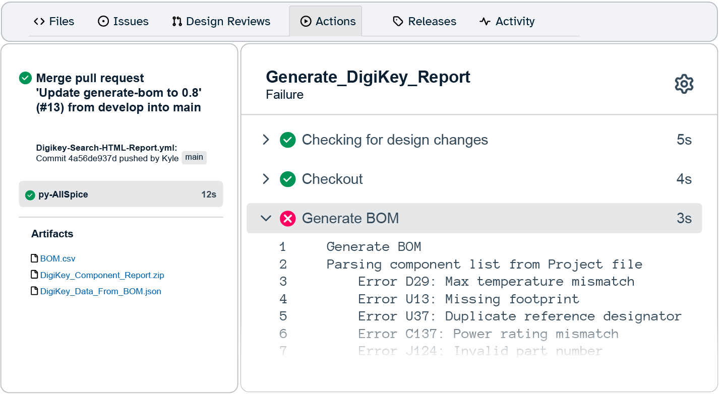 AllSpice Actions running a DigiKey report