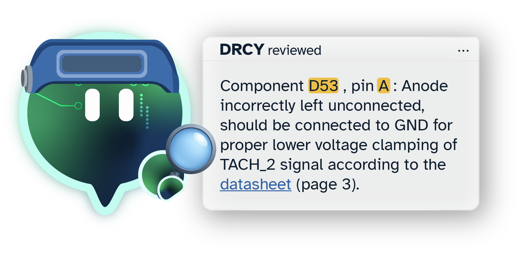 A digital review from DRCY highlighting that component D53, pin A is incorrectly left unconnected and should connect to GND for proper lower voltage clamping of TACH_2 signal according to datasheet page 3.