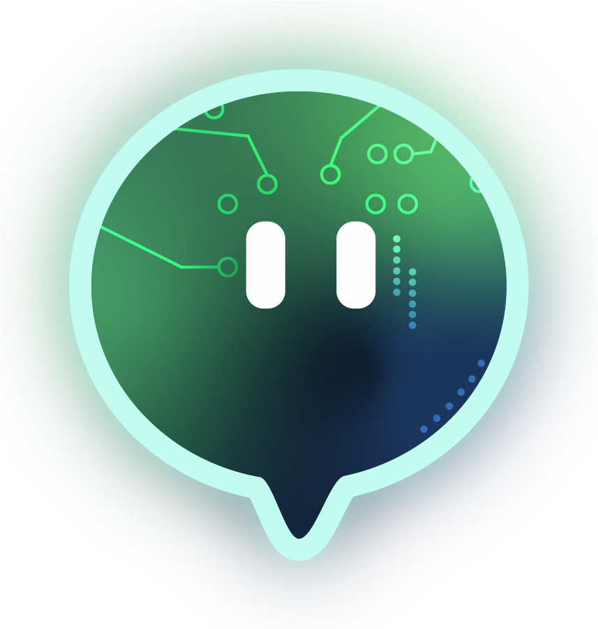 Glowing speech bubble icon with a circuit design and two vertical bars resembling a pause button inside.