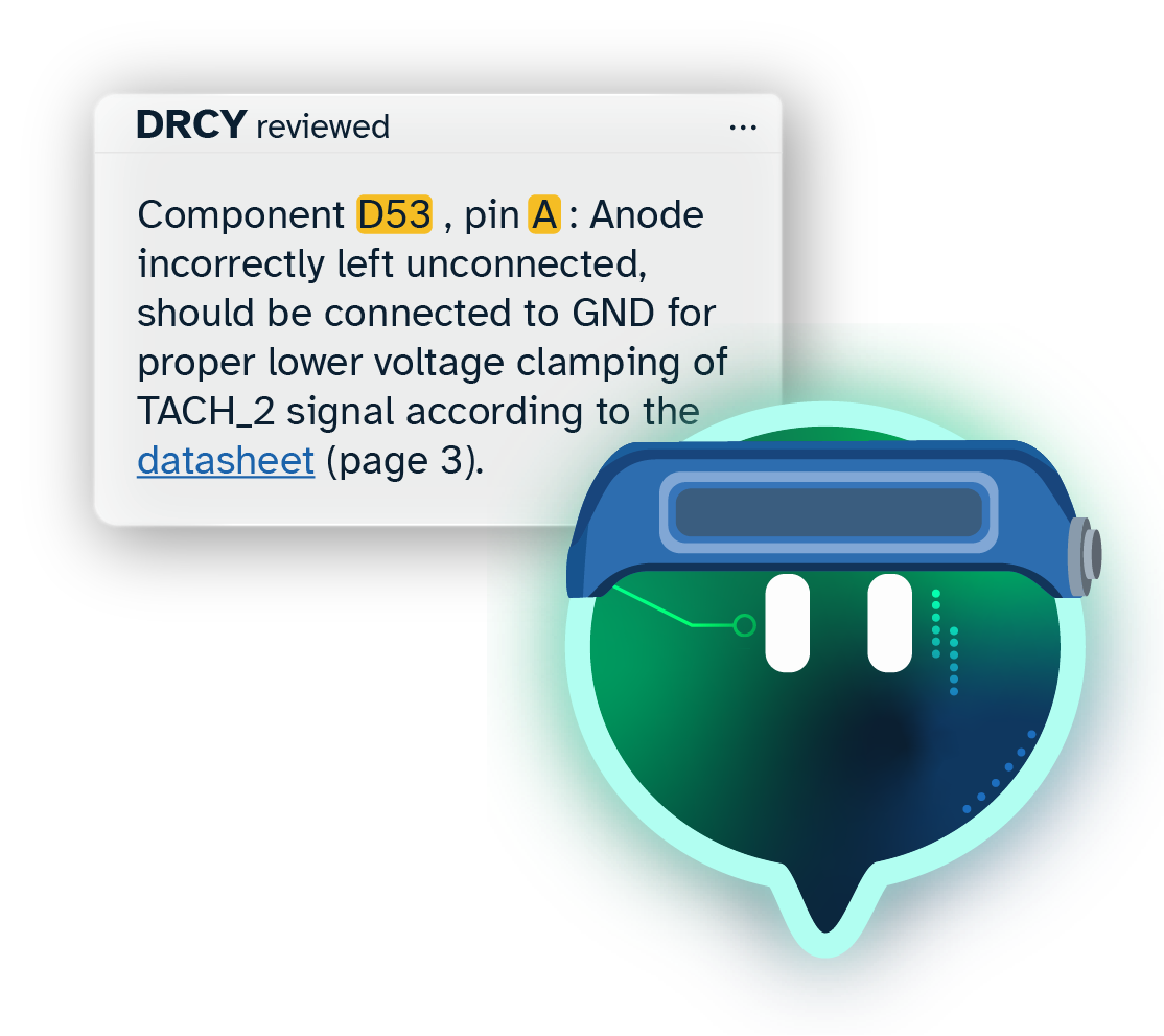 Screen showing a design rule check comment stating component D53, pin A is anode left unconnected and should be connected to GND for proper lower voltage clamping of TACH_2 signal according to the datasheet page 3.