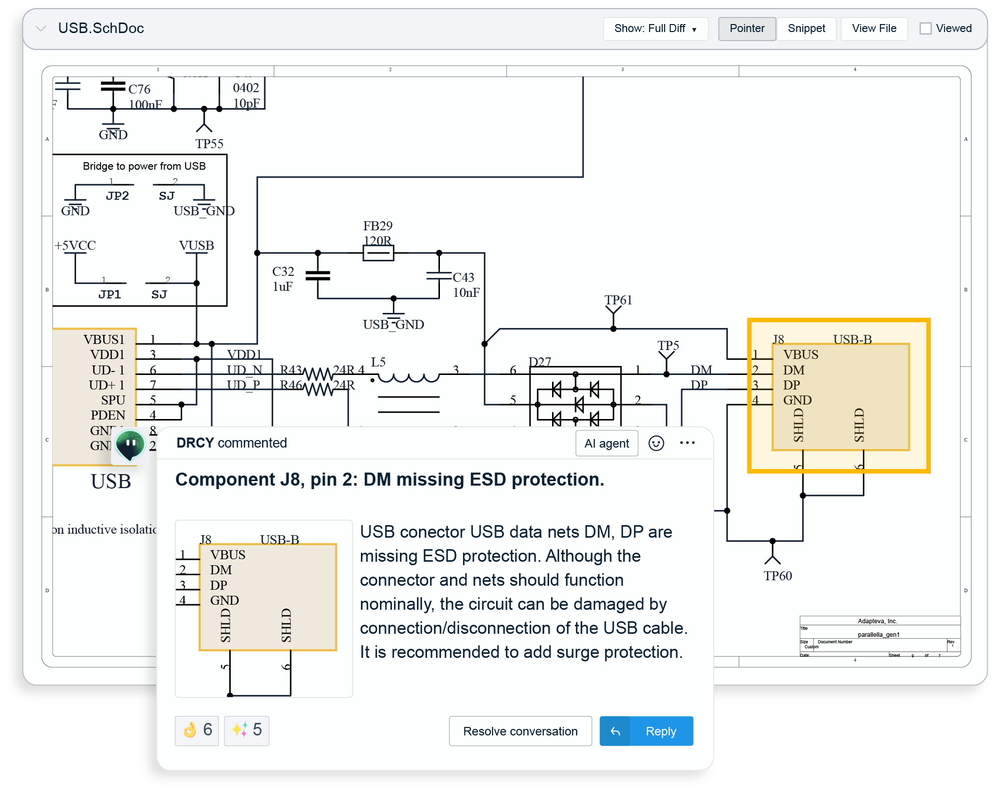 Electrical schematic for USB connector J8 showing pins VBUS, DM, DP, GND, and SHLD, with a comment highlighting missing ESD protection on pin 2 (DM) and recommending adding surge protection.