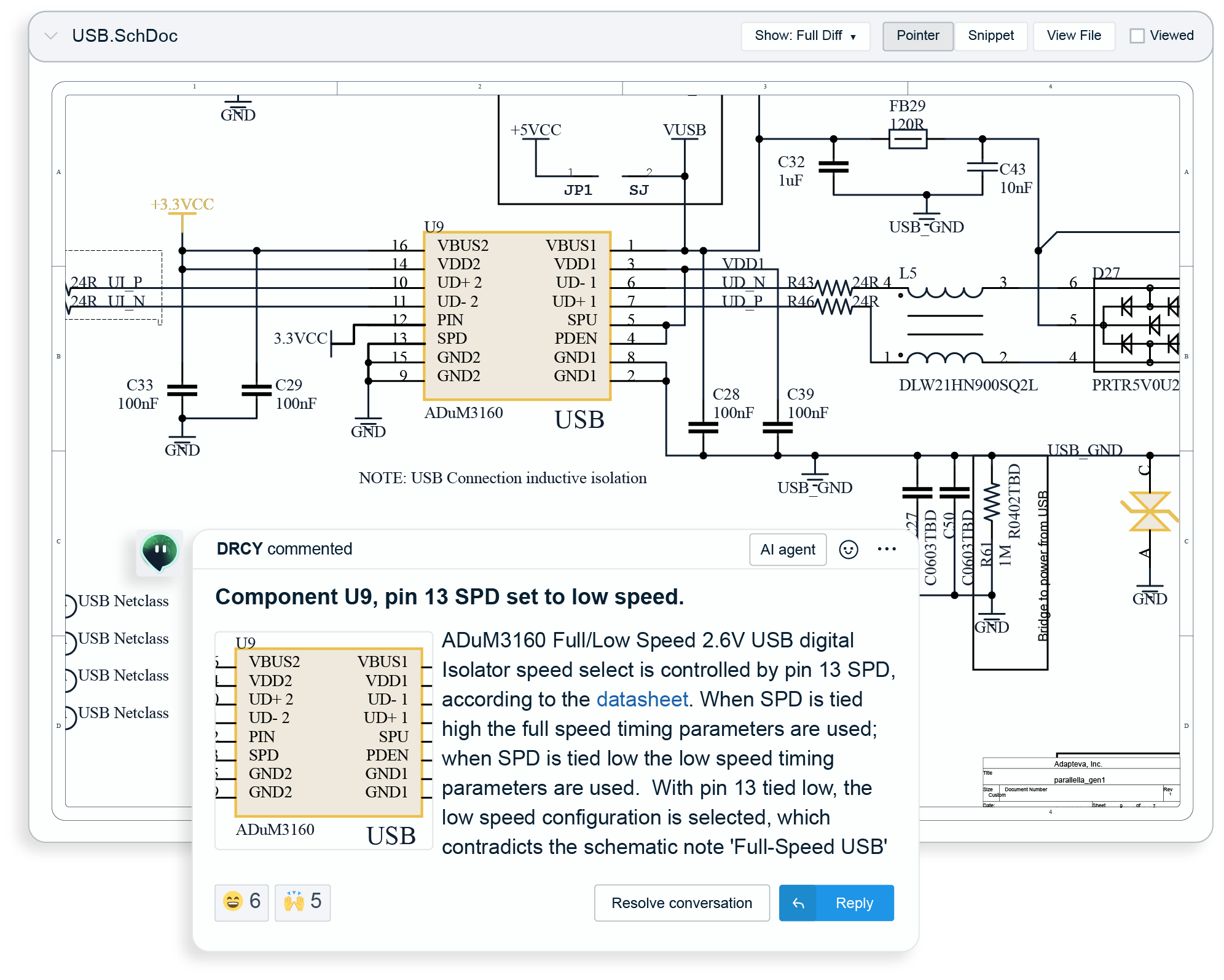 Schematic diagram showing an ADuM3160 USB digital isolator component with pin 13 SPD highlighted, indicating speed selection between full and low speed, along with a comment explaining SPD function and connections for USB inductive isolation.