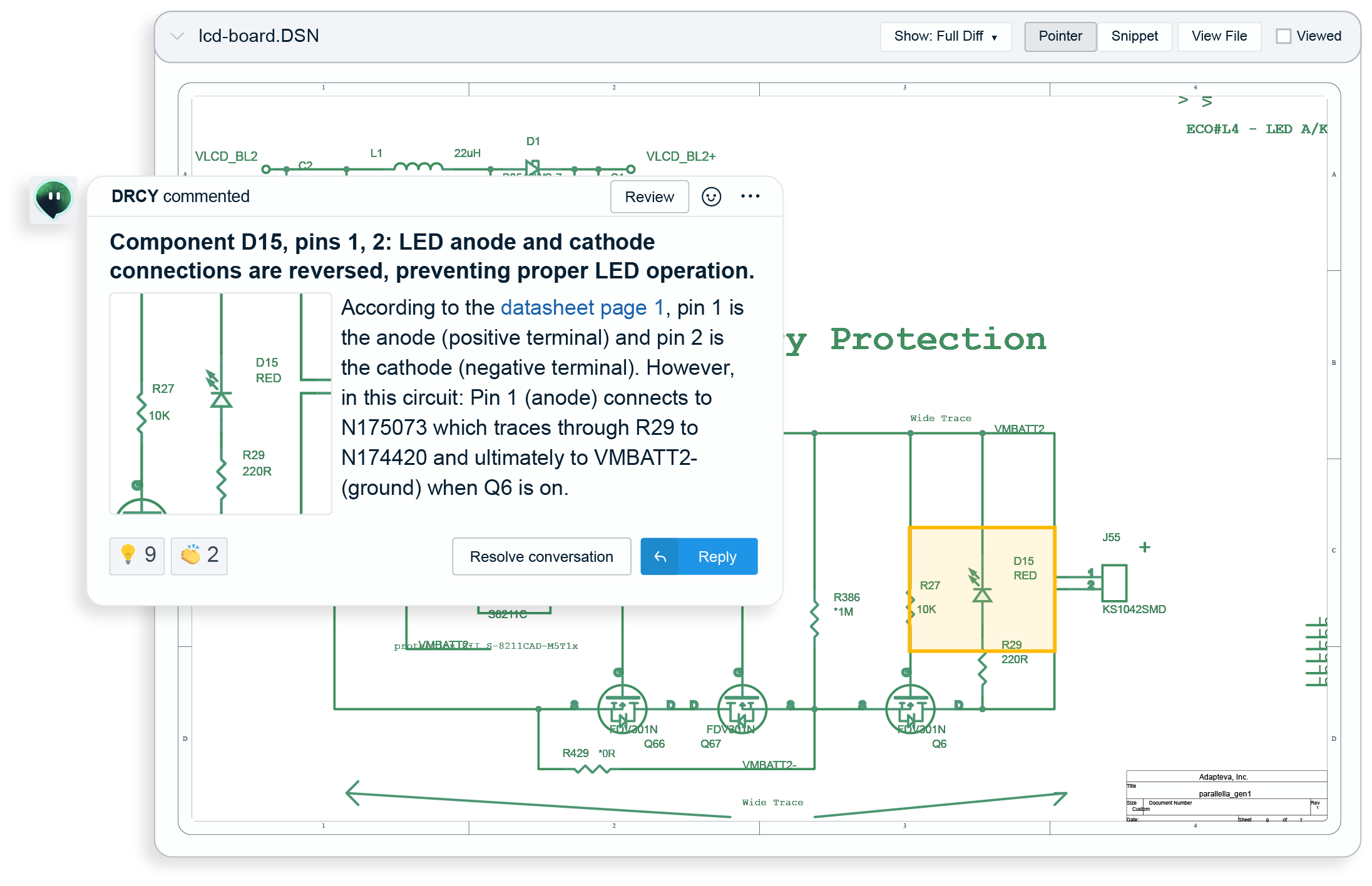 Screenshot of an electronics schematic showing a comment on reversed LED anode and cathode connections for component D15 pins 1 and 2, with a circuit snippet highlighted.