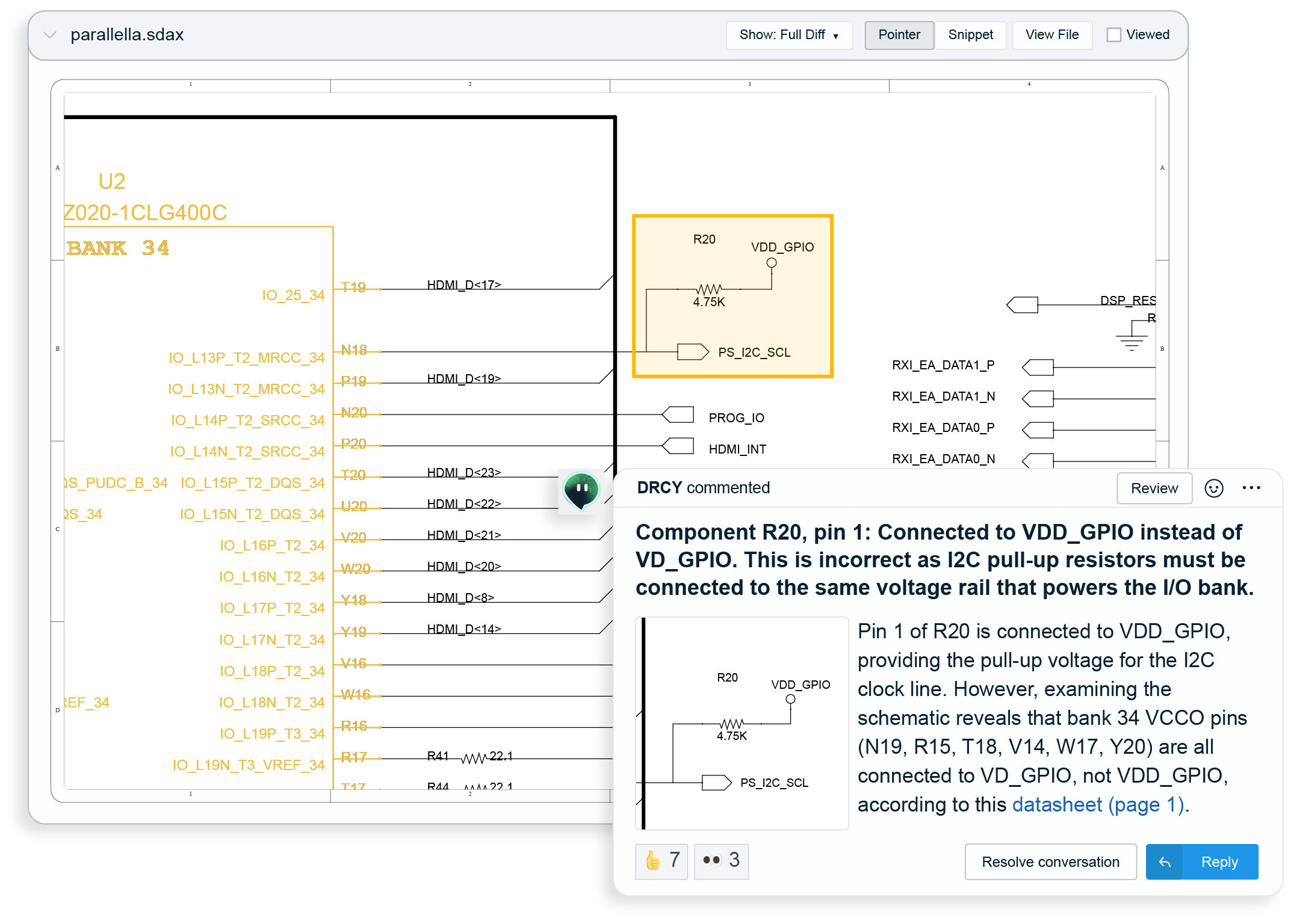 Screenshot of a code review comment on a hardware schematic highlighting resistor R20 connected incorrectly to VDD_GPIO instead of VD_GPIO for I2C pull-up, with detailed pin and voltage bank explanation.