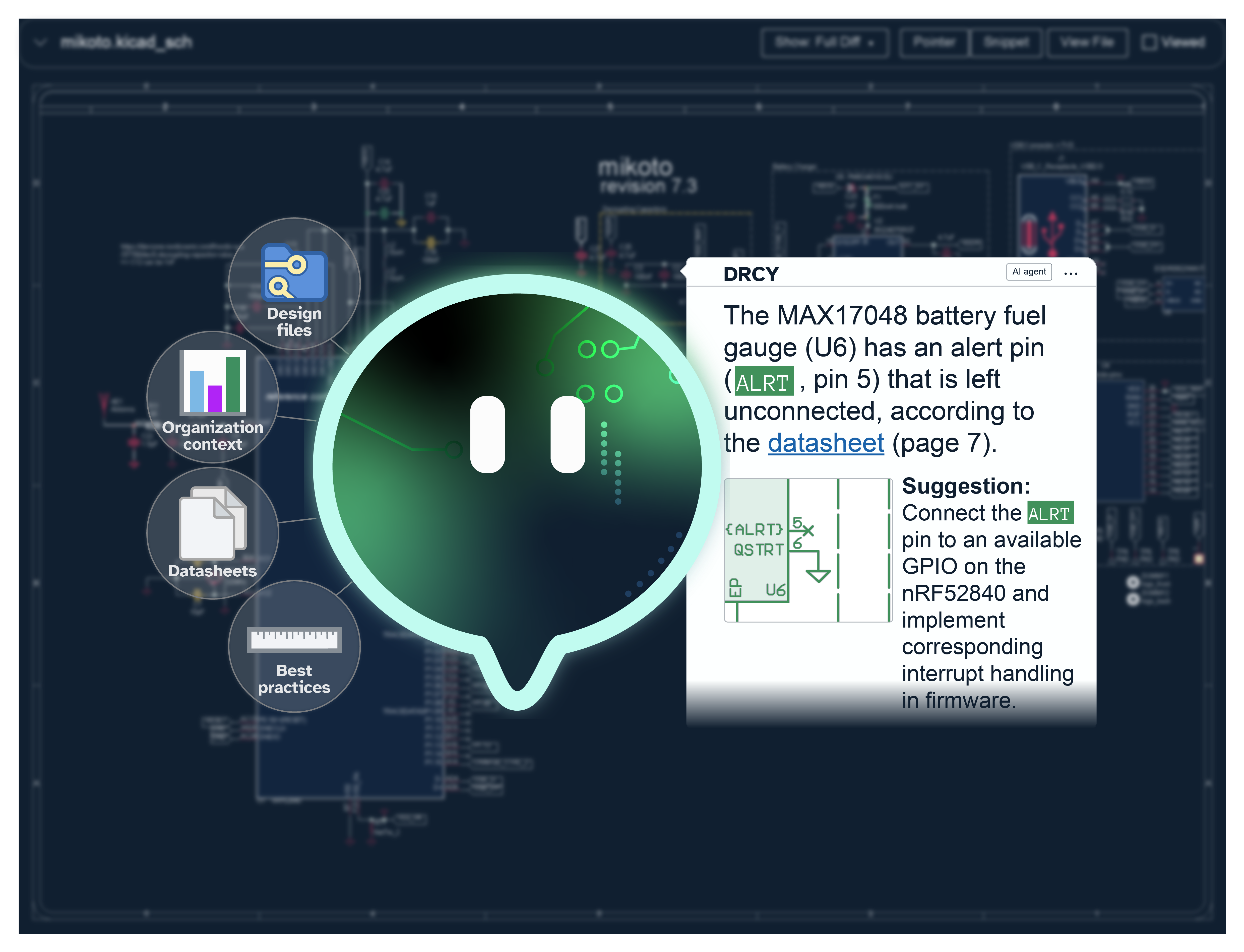 Interface showing a schematic diagram with a green chatbot icon, options for Design files, Organization context, Datasheets, and Best practices, and a popup explaining MAX17048 battery fuel gauge alert pin alert and suggestion to connect it to GPIO.