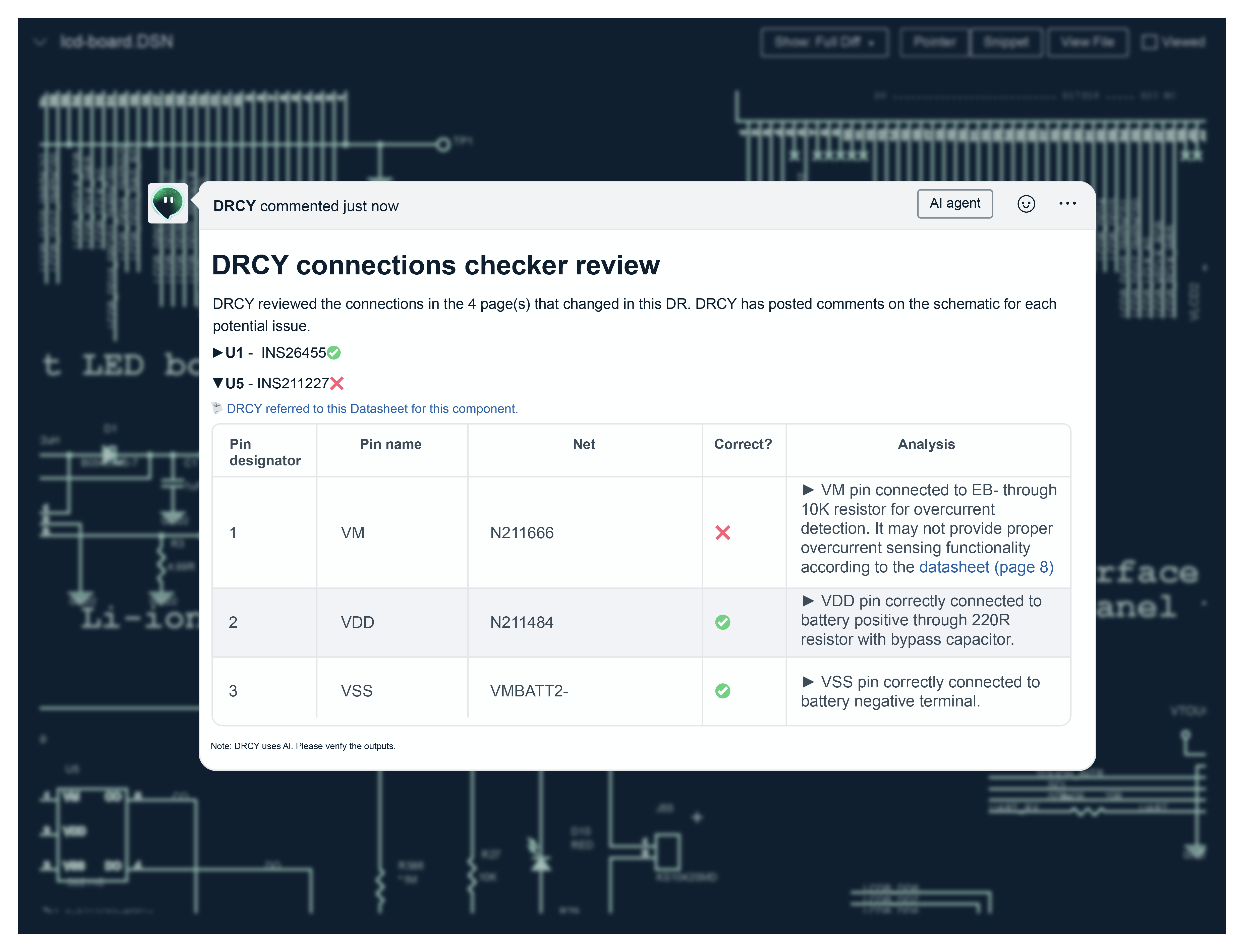 DRCY connections checker review showing validation of pins VM, VDD, and VSS with one pin marked incorrect for VM due to potential overcurrent detection issue.