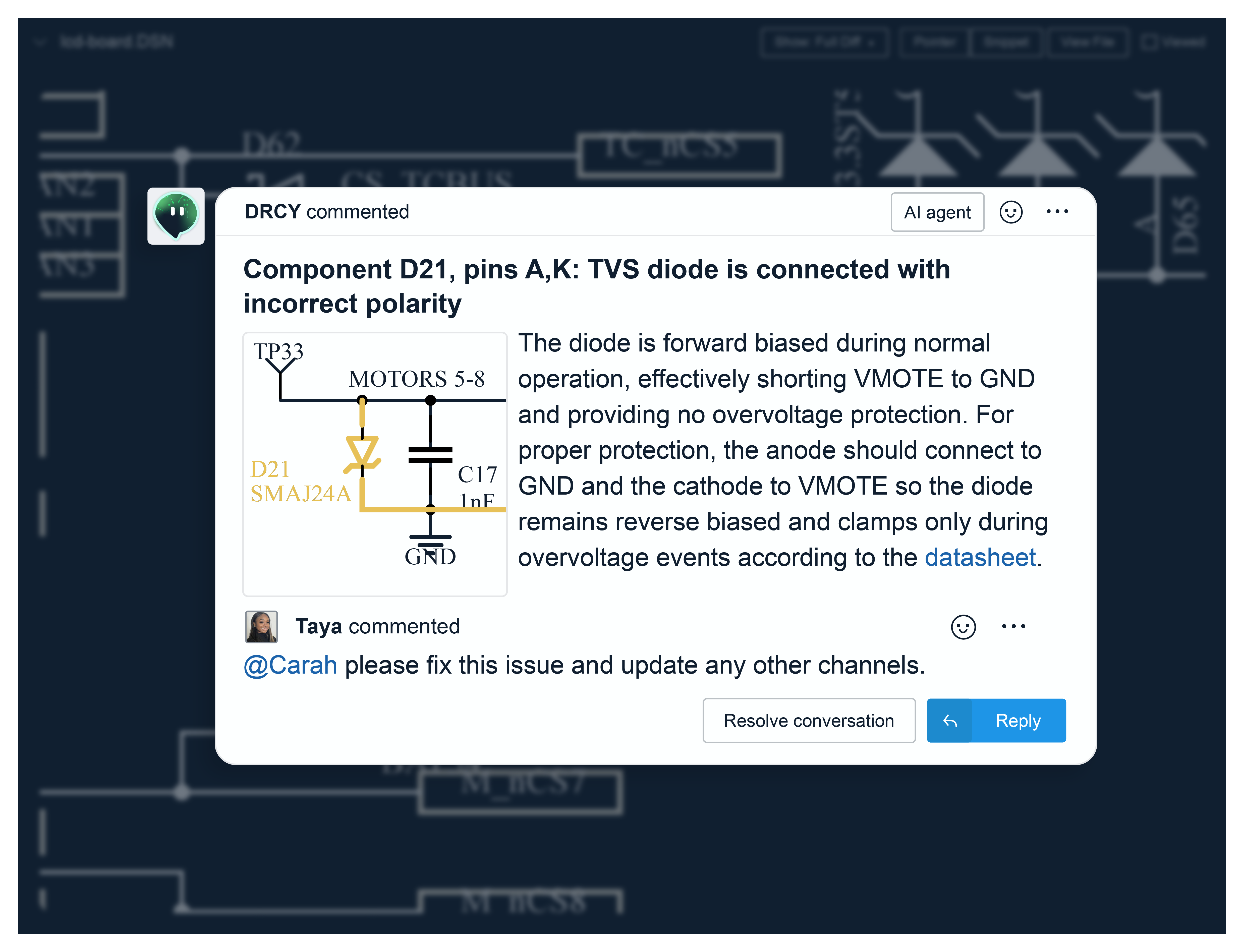 Chat interface showing Thomas requesting substitute options for wireless chip nRF52840 with Bluetooth 5.4 support; a response recommends Nordic nRF5340 with dual Cortex-M33 cores, 1MB flash, 512KB RAM, LE Audio, and advanced wireless features.