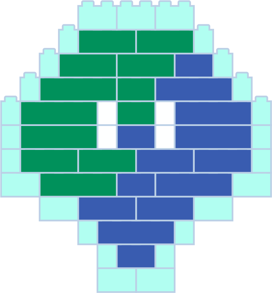 Lego art style smiley face made of blue, green, white, and light blue building blocks.