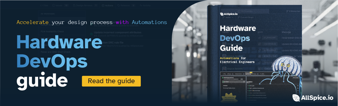 Banner for Hardware DevOps guide with a book cover showing the title and an illustration of a robotic jellyfish, promoting automation and actions for electrical engineers.