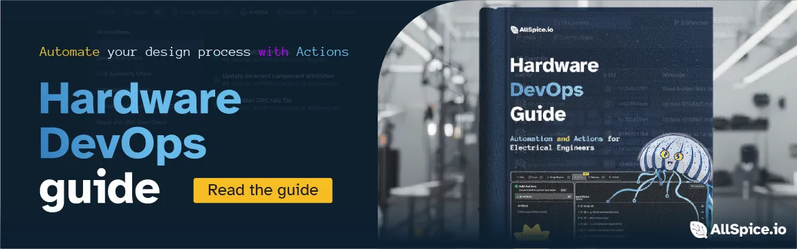 Banner for Hardware DevOps guide with a book cover showing the title and an illustration of a robotic jellyfish, promoting automation and actions for electrical engineers.