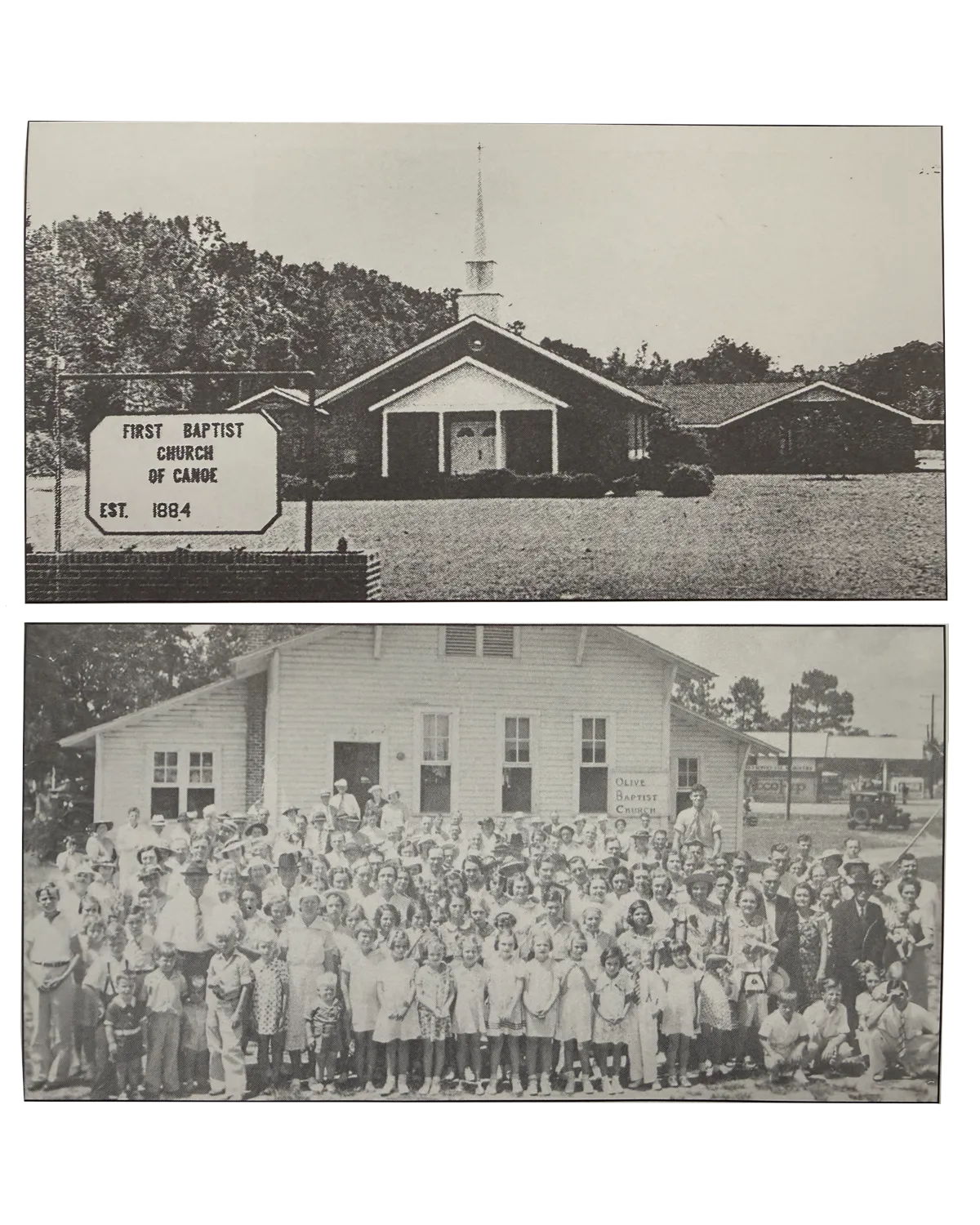 Top: First Baptist Church of Canoe building with a sign indicating it was established in 1884. Bottom: Large group of men, women, and children posing outside Olive Baptist Church, a white wooden building.