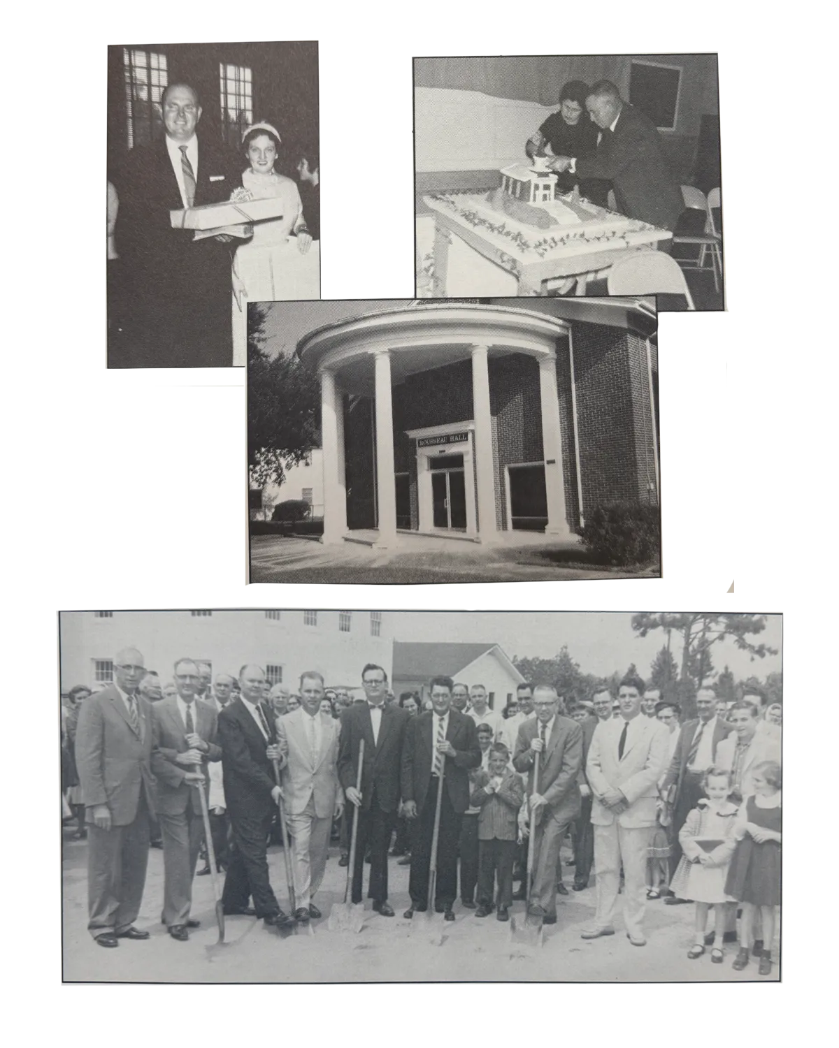 Collage of four black-and-white historical photos showing a man and woman holding a box, a couple cutting a cake shaped like a building, the entrance of Bossier Hall with columns, and a group of men with shovels at a groundbreaking ceremony surrounded by people.