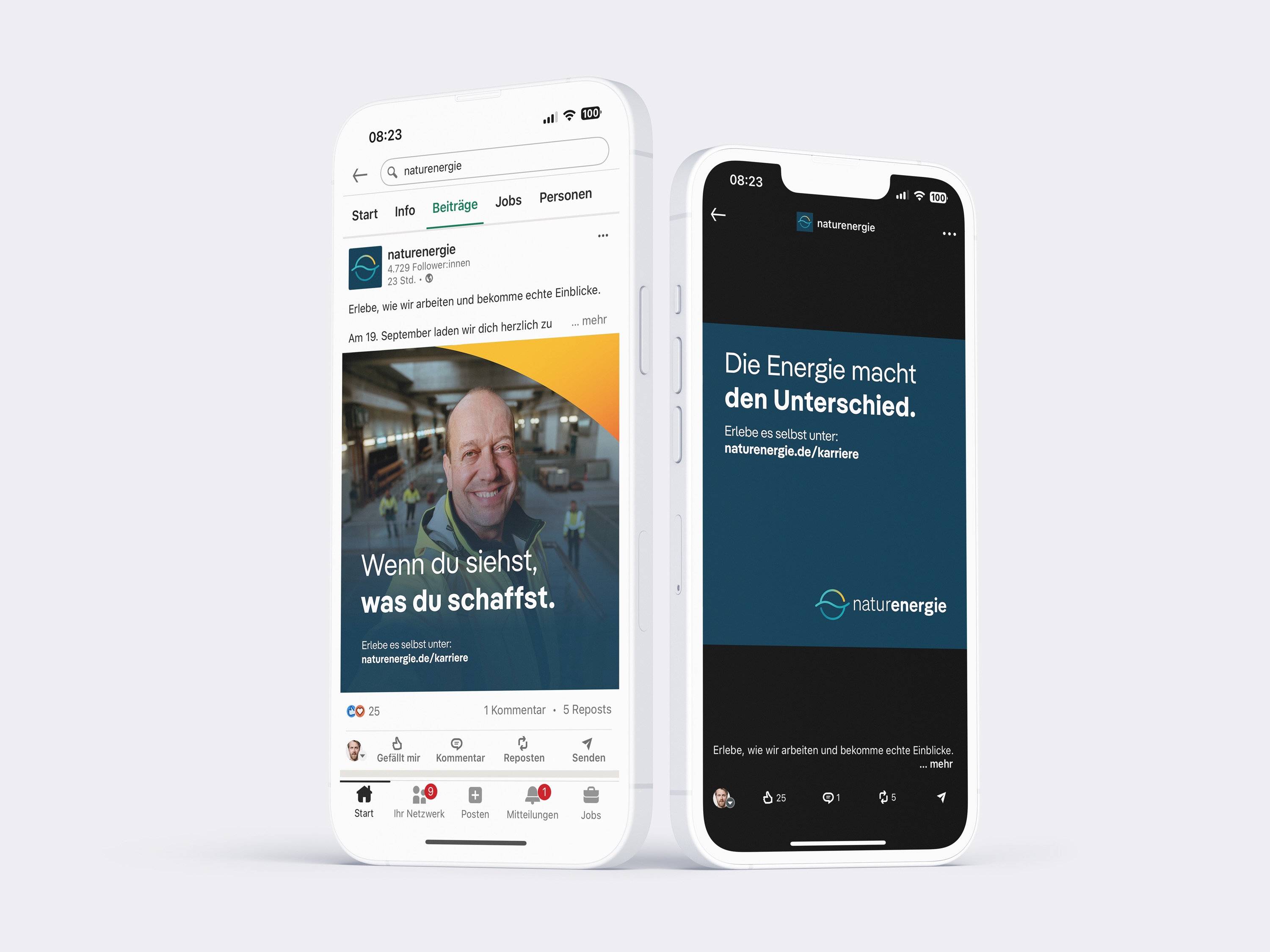 naturenergie: Arbeitgeberkampagne auf zwei Smartphone-Displays
