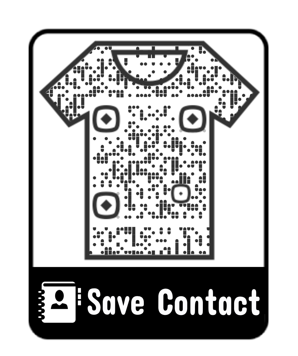 QR code shaped like a t-shirt above white text and icon reading 'Save Contact' on black background.