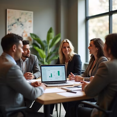 Business professionals in meeting discussing data on laptop screen