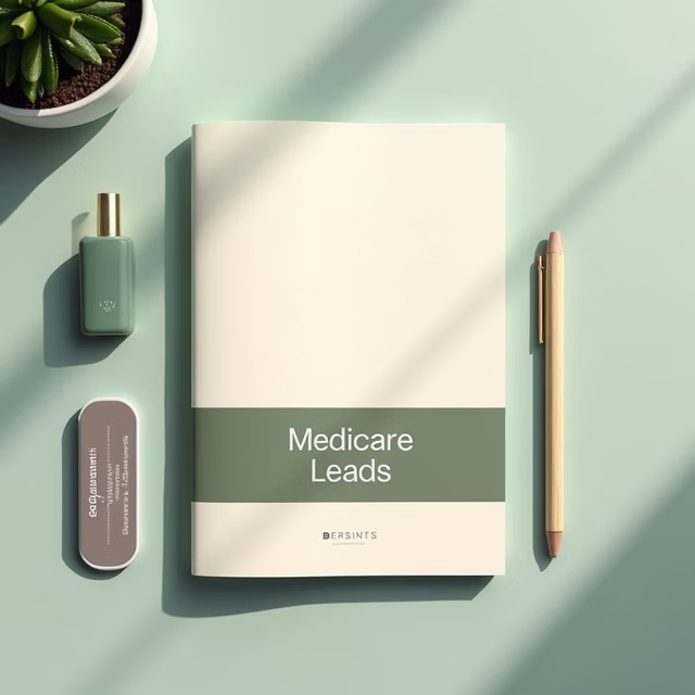Medicare Leads notebook with pen, perfume, and succulent on mint background