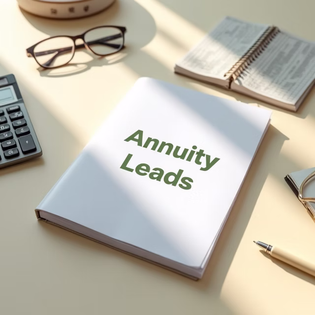 Desk with book titled "Annuity Leads", calculator, glasses, and notebook