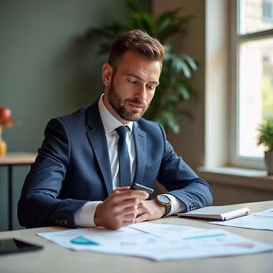 Professional businessman in suit working at desk with documents and smartphone
