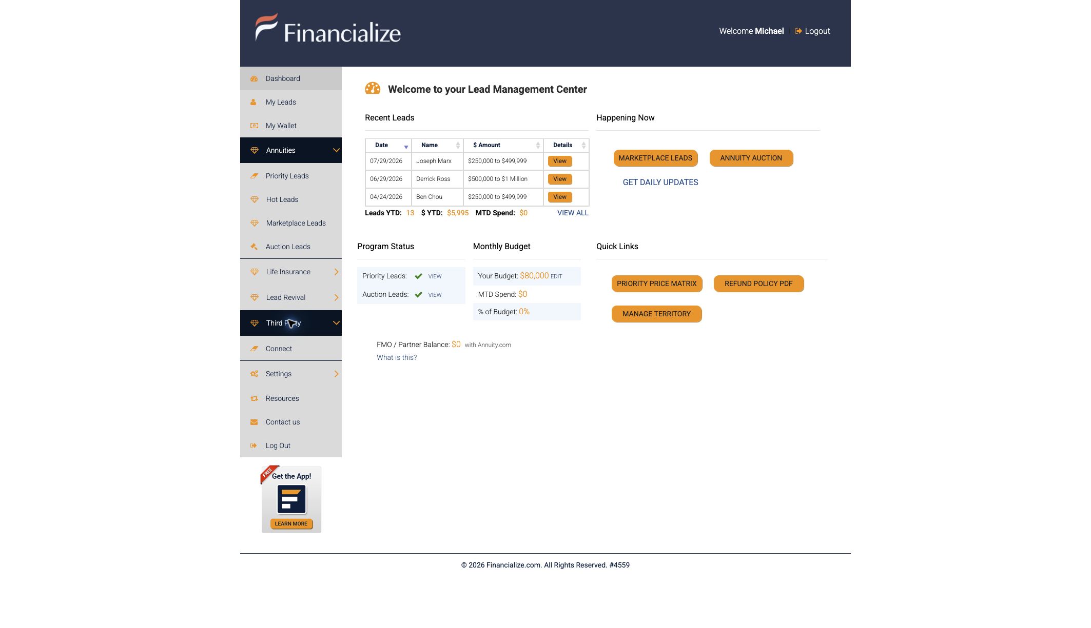 Third Party menu expanded in the Financialize agent portal