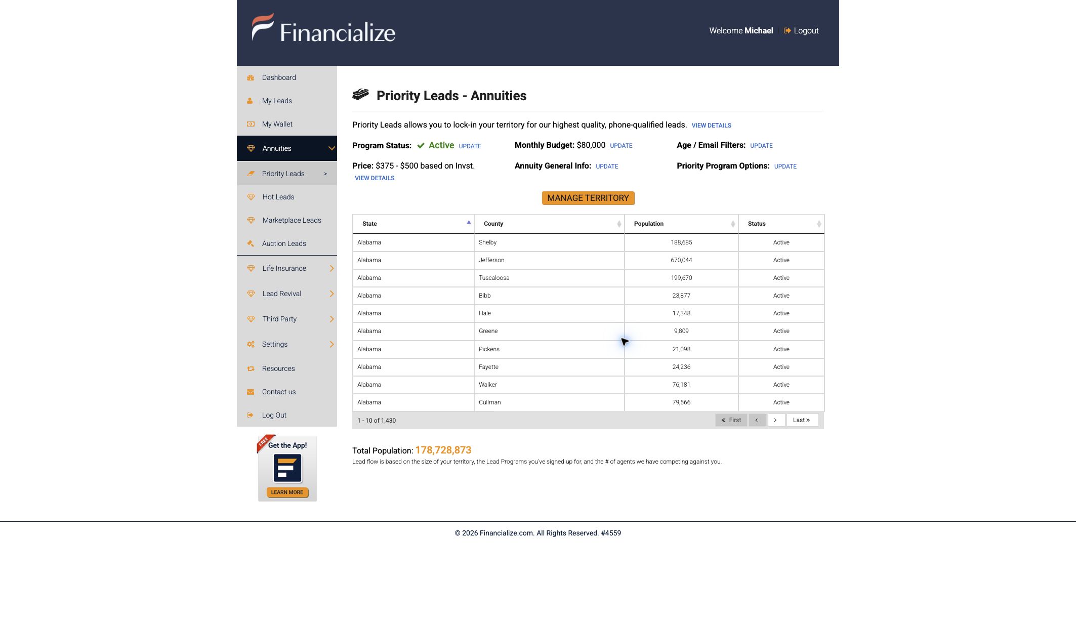 Financialize agent portal with Priority Leads selected