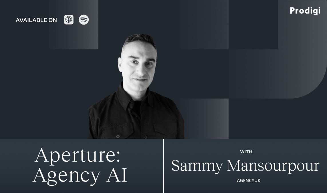 A person stands in front of a dark background with text: “Aperture: Agency AI with Sammy Mansourpour, Agency UK.”
