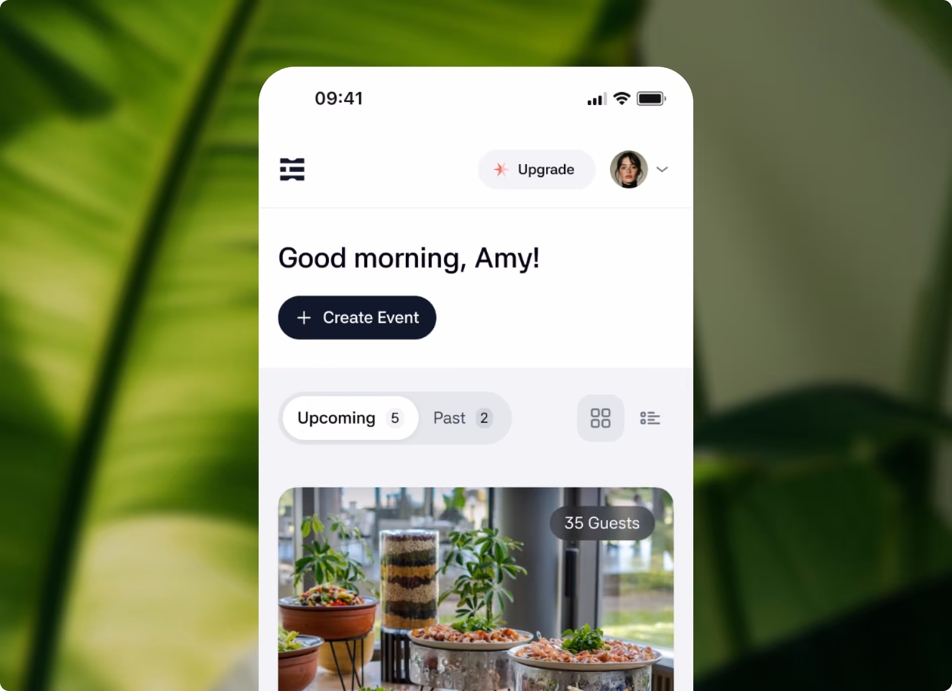 Eventbook home screen greeting Amy, with options to create a new event and view upcoming or past events.