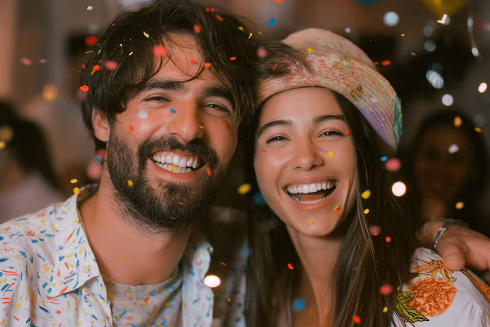 Two friends smiling at a party surrounded by colorful confetti.