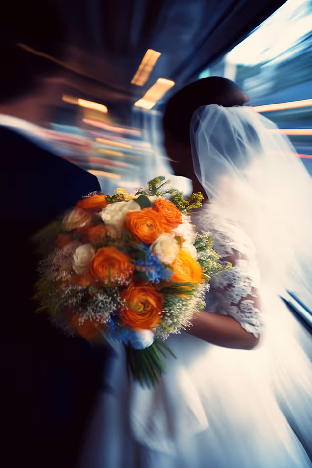 Bride holding a bouquet of orange and white flowers, walking in motion blur.