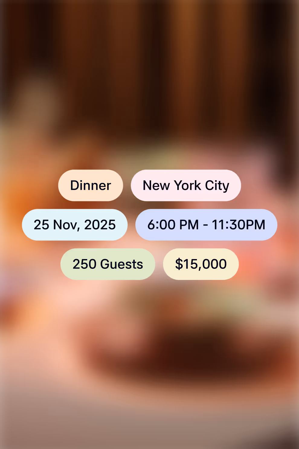 Dinner event in New York City on November 25, 2025, from 6:00 PM to 11:30 PM, with 250 guests and a $15,000 budget.