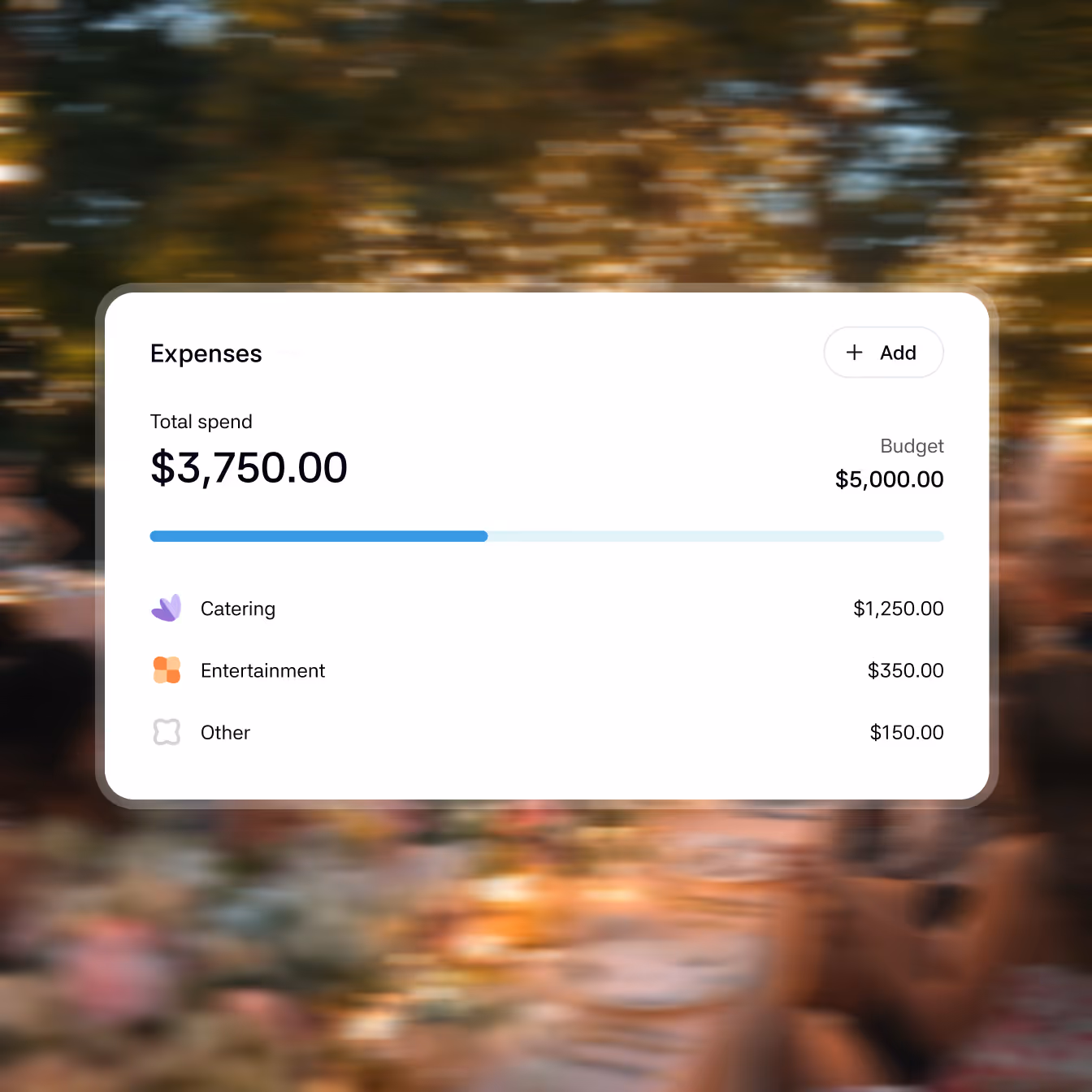 A digital expense tracker showing $3,750 spent out of a $5,000 budget, with categories for catering, entertainment, and other expenses.