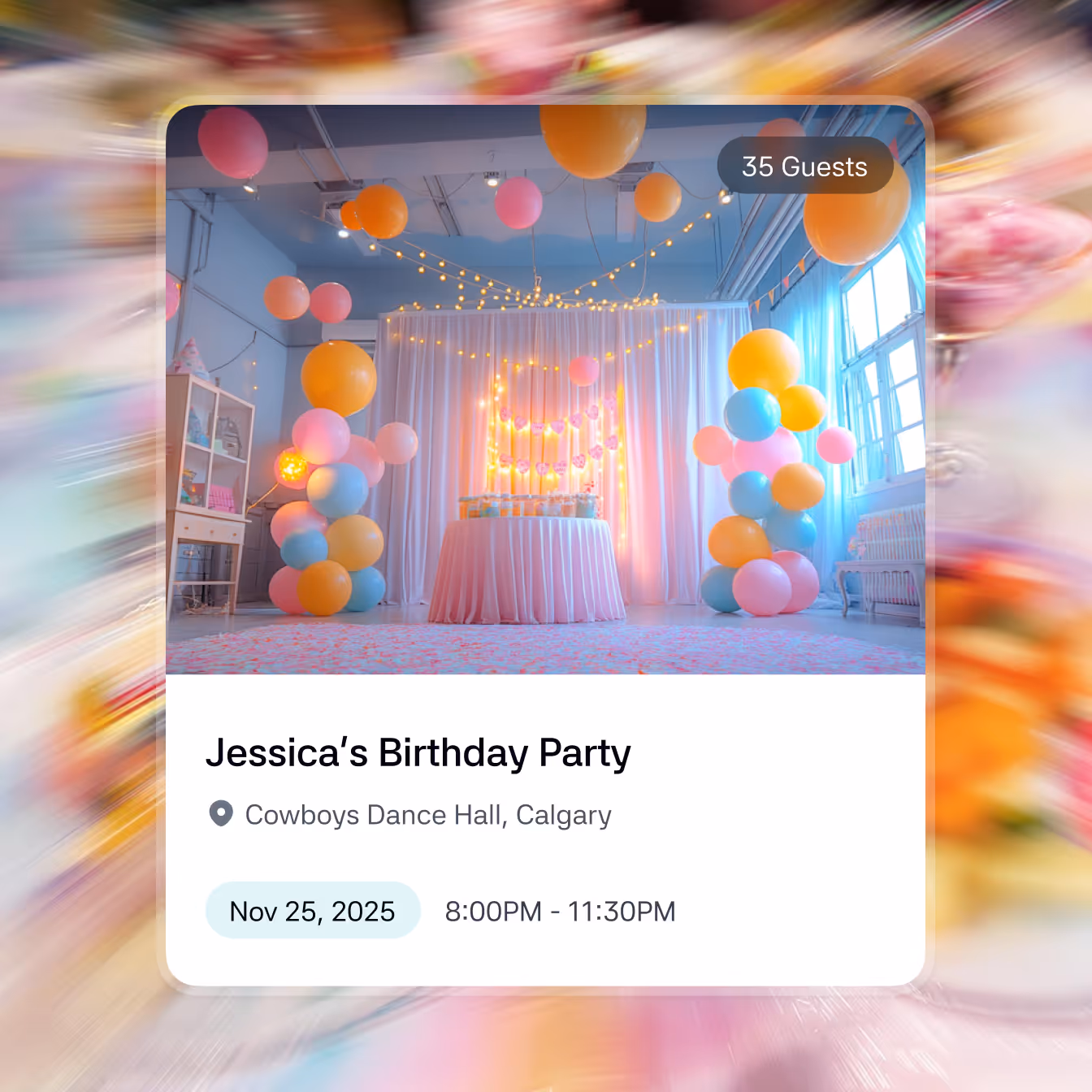 A digital party invitation card with balloons and decorations, labeled “Jessica’s Birthday Party” at Cowboys Dance Hall, Calgary on November 25, 2025.