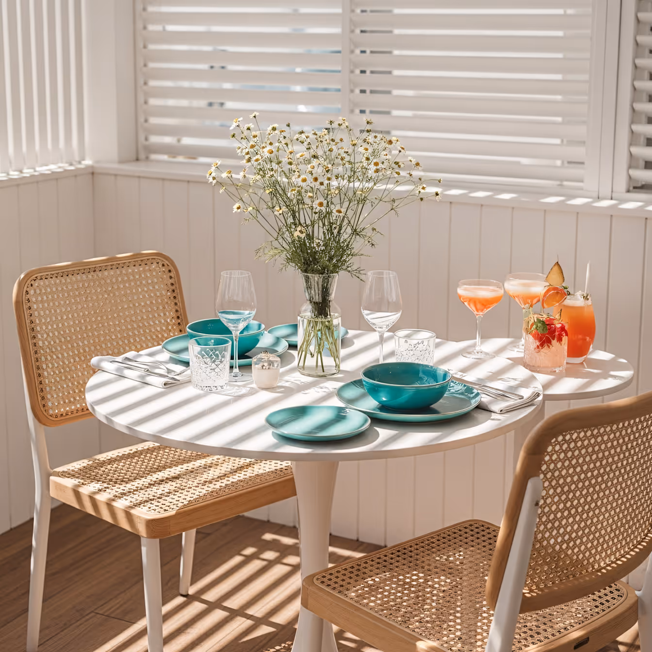 A bright, sunlit dining table set with turquoise plates, glassware, and cocktails, decorated with a vase of white daisies and surrounded by rattan chairs.