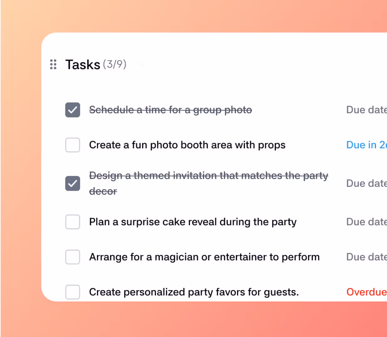 Tasks widget showing 3 of 9 tasks completed, including photo booth props, themed invitation, and magician booking.
