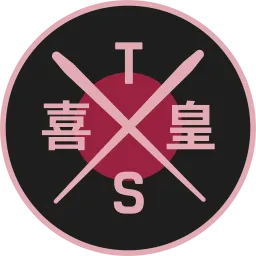 Kreislogo mit rosa Umrandung, rosa Linien, japanischen Schriftzeichen und den Buchstaben T und S.