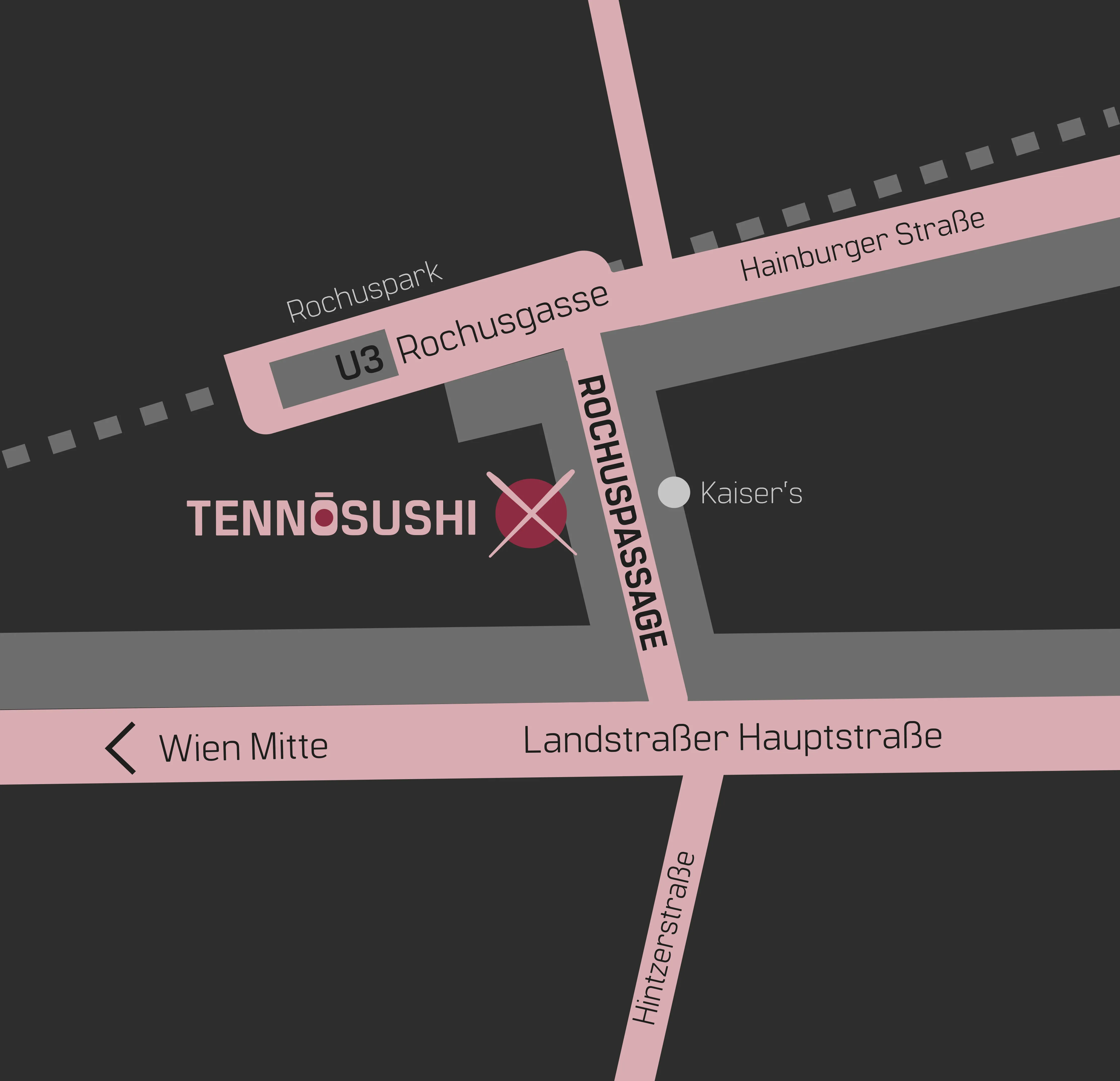 Karte mit Straßen Rochusgasse, Rochuspassage, Landstraßer Hauptstraße und Standort von TennōSushi in Wien.