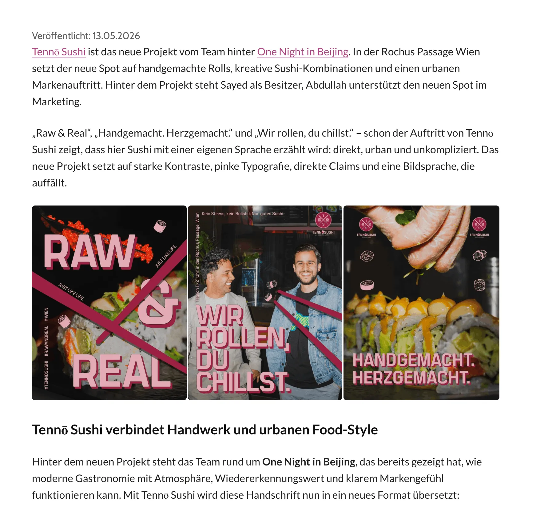 Drei Grafiken mit pinker Typografie und Sushi: RAW & REAL, WIR ROLLEN, DU CHILLST, HANDGEMACHT. HERZEGEMACHT.