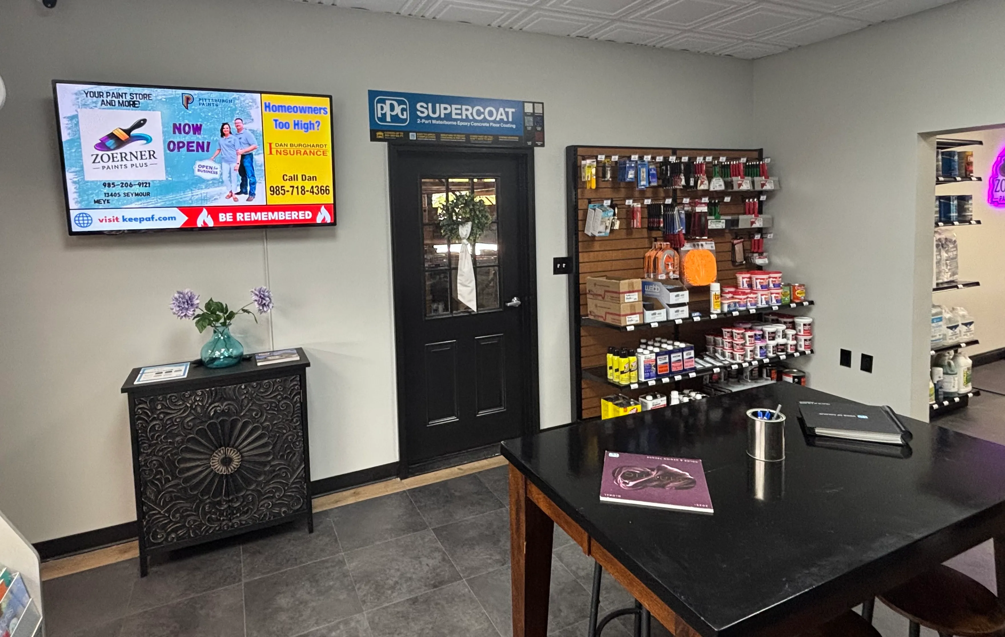 PPG Paint Store Consultation Lobby inside Zoerner Paints Plus, a premier paint store in Covington LA. Also serving Mandeville, Madisonville, Abita Springs, Hammond, and surrounding areas.