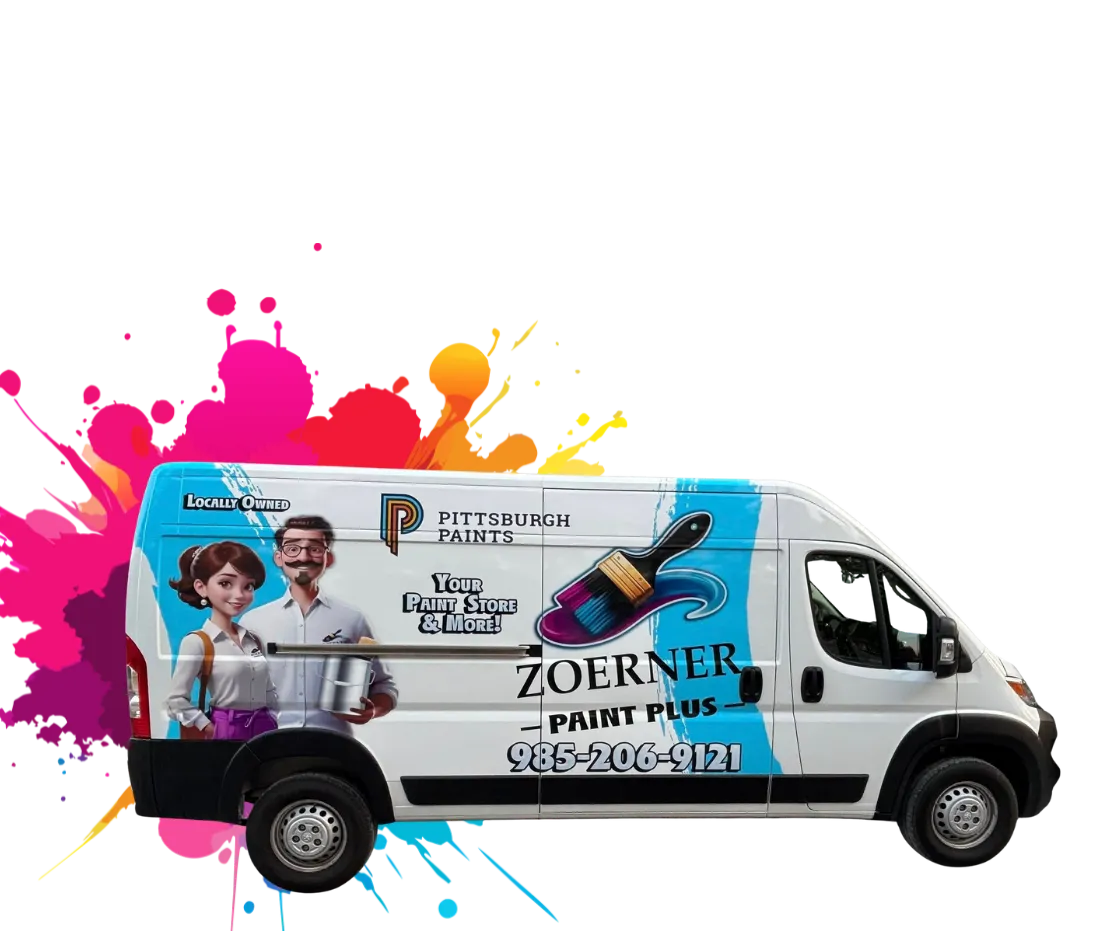 Paint Van of Zoerner Paints Plus, paint store in Covington. Supplying paint to Mandeville, Madisonville, Abita Springs, Hammond, and surrounding areas.